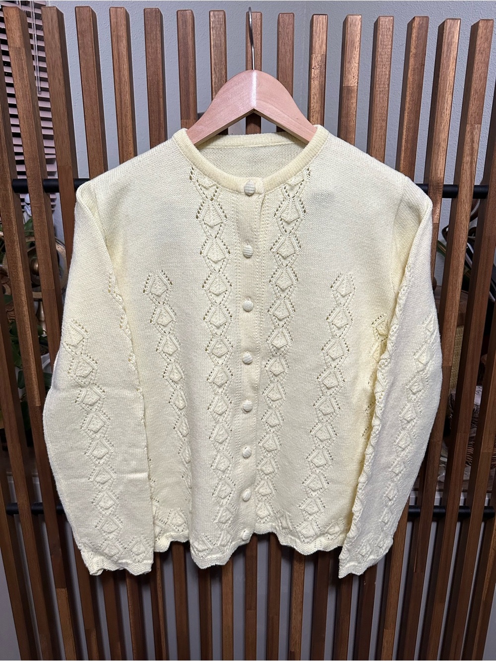 Vintage Handmade Butter Yellow Diamond Pointelle Cardigan Sweater Scalloped Hem